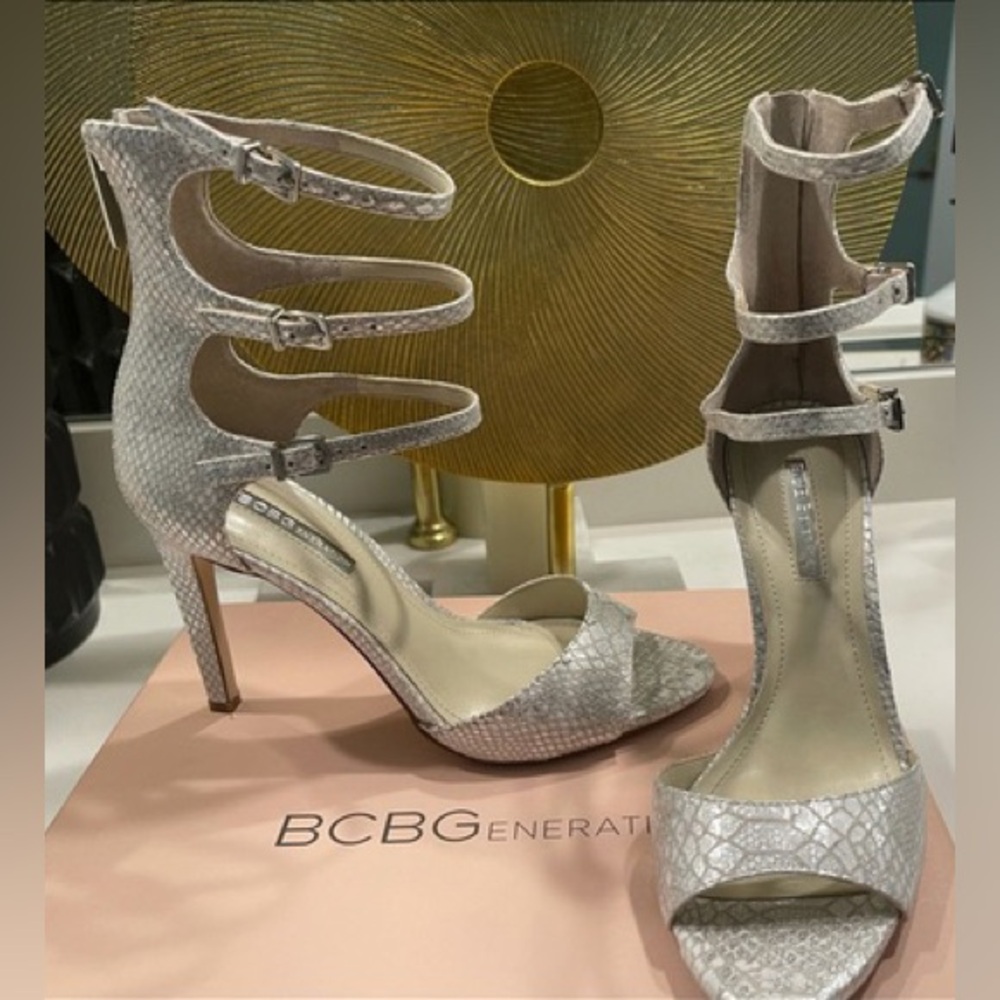 BCBGeneration BG-Manci Snakeskin Gladiator Strappy Buckle Stiletto Heels Sandals